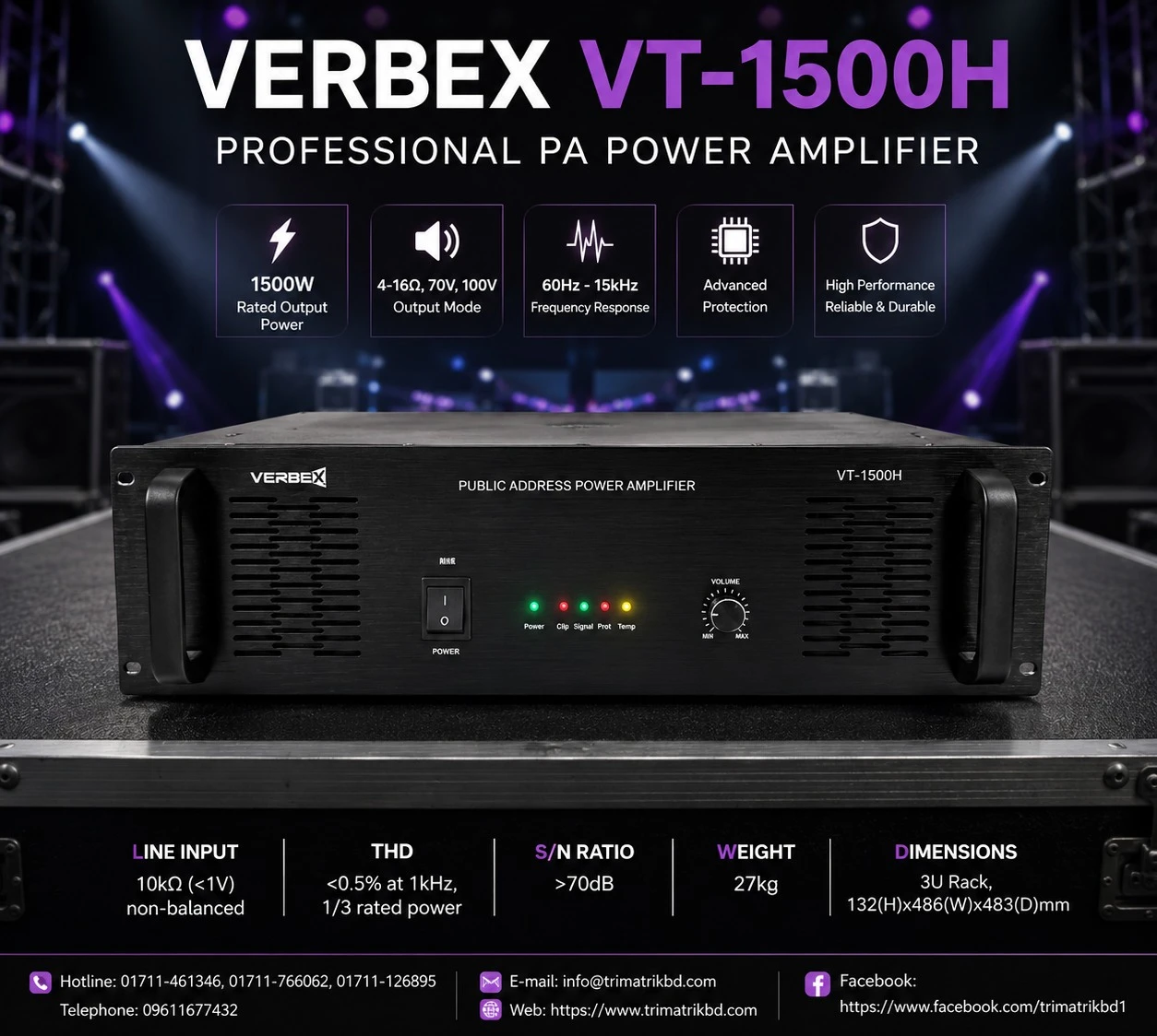 Verbex VT-1500H 1500-Watt Professional Audio PA System Power Amplifier for Industrial Use