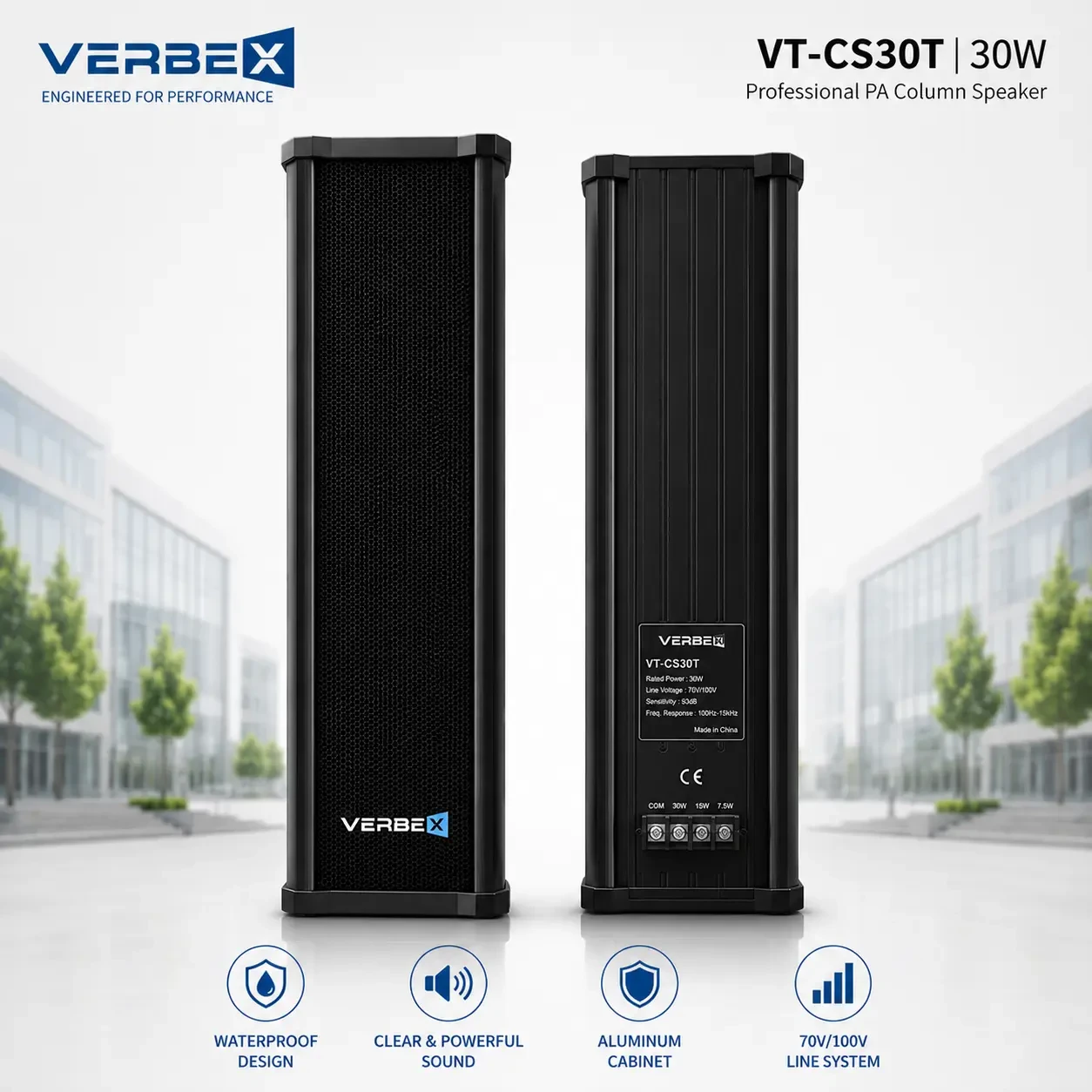 VERBEX VT-CS30T 30W Professional 70V/100V Line Column Speaker for Public Address Systems