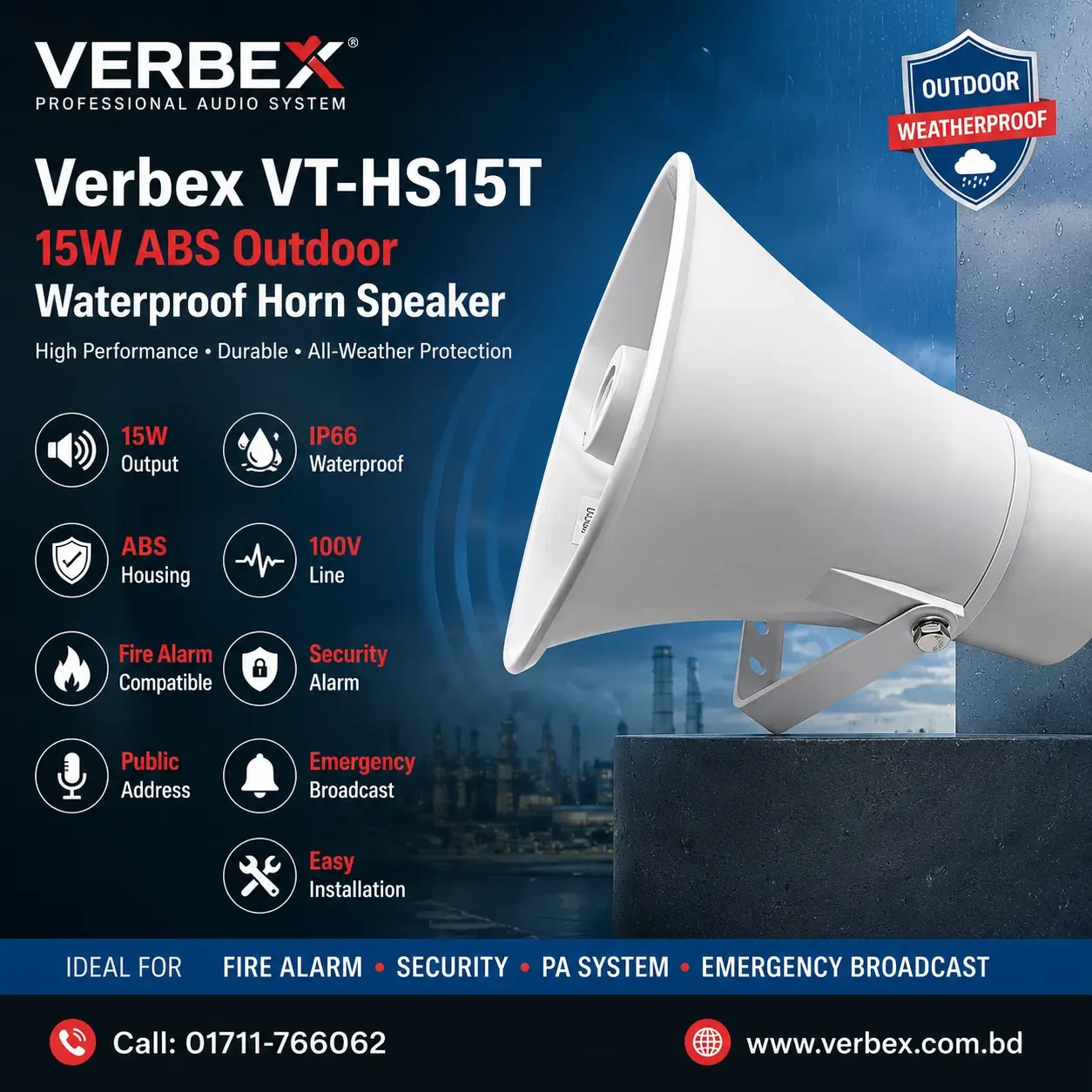 VERBEX VT-HS15T 15W Outdoor Waterproof Horn Loudspeaker for Security & Emergency Paging