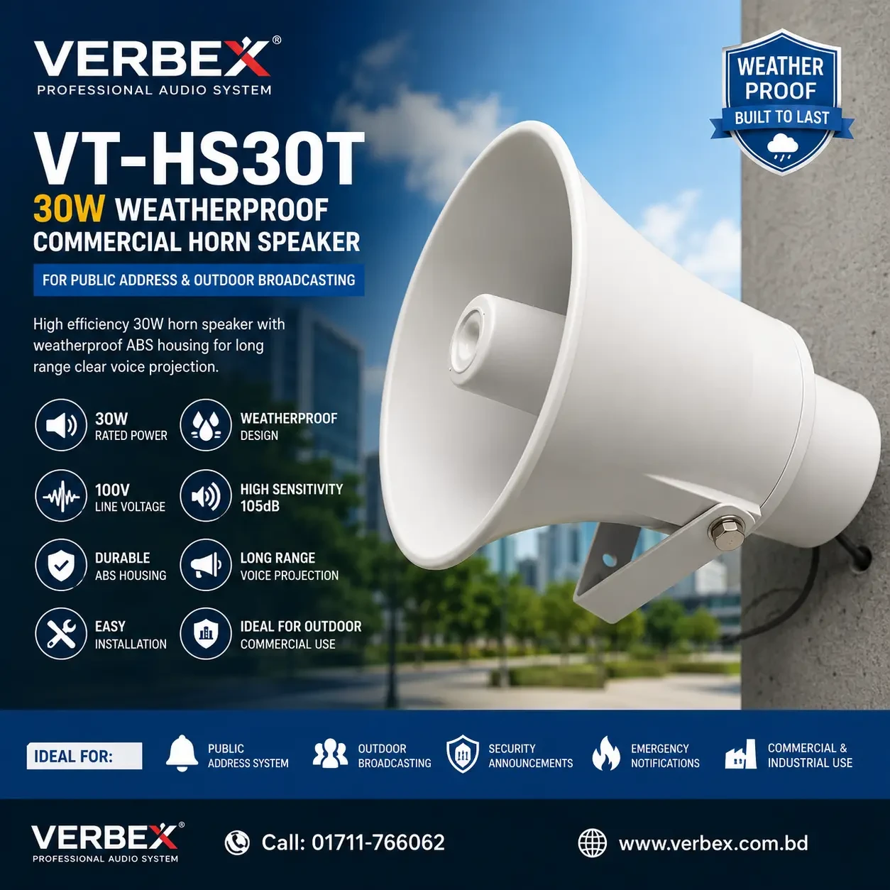 VERBEX VT-HS30T 30W Weatherproof Commercial Horn Speaker for Public Address & Outdoor Broadcasting