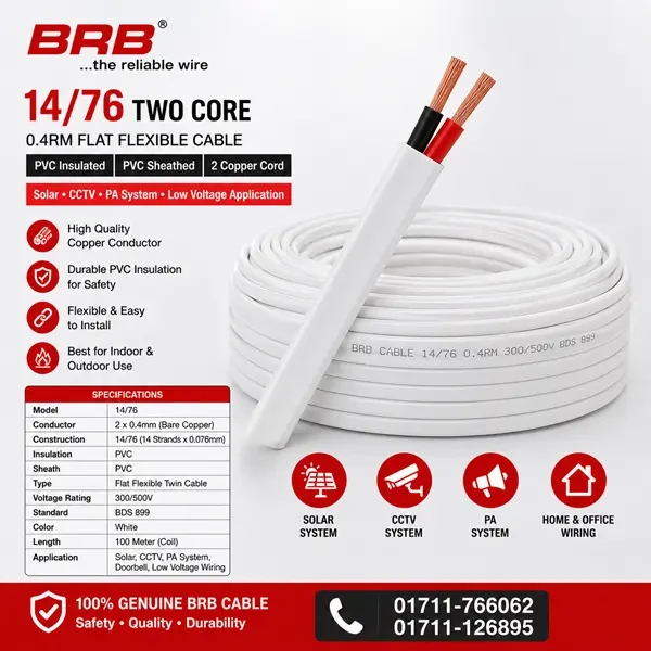 BRB Cable 14/76 Two Core 0.4RM Flat Flexible PVC Insulated PVC Sheathed CCTV & PA System Twin Wire 2 Copper Cord (1476)